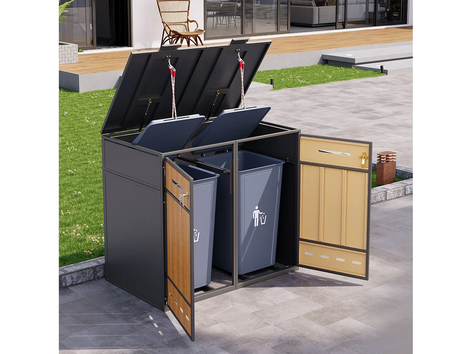 Meuble de rangement pour 2 poubelles (120-240 litres) - 132 x 84.5 x 118 cm - avec trous d'aération + 2 portes - métal - gris + naturel