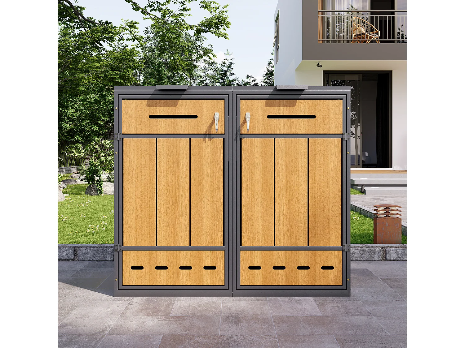 Meuble de rangement pour 2 poubelles (120-240 litres) - 132 x 84.5 x 118 cm - avec trous d'aération + 2 portes - métal - gris + naturel