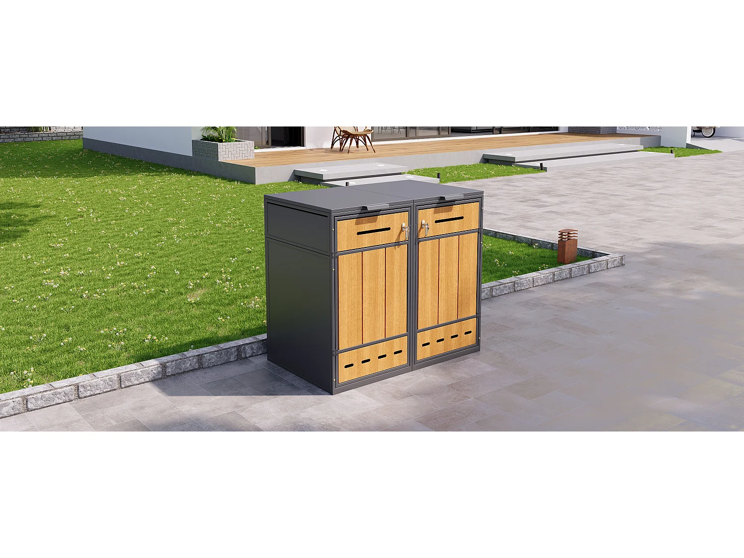 Meuble de rangement pour 2 poubelles (120-240 litres) - 132 x 84.5 x 118 cm - avec trous d'aération + 2 portes - métal - gris + naturel