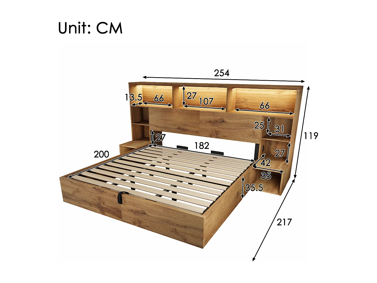 Lit coffre hydraulique aspect chêne - 180 x 200 cm - avec tables de chevet intégrées + Leds + tête de lit de rangement + Leds - bois - naturel
