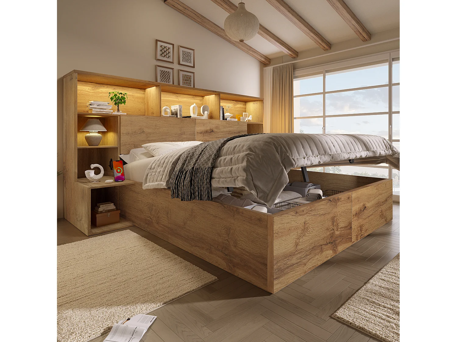 Lit coffre hydraulique aspect chêne - 180 x 200 cm - avec tables de chevet intégrées + Leds + tête de lit de rangement + Leds - bois - naturel