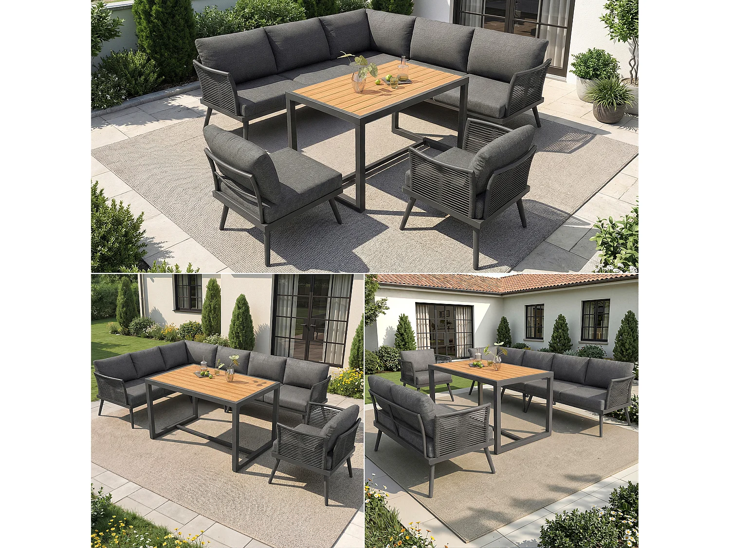 Ensemble salon de jardin 7 places - canapé avec accoudoirs tressés + table basse + fauteuil + coussins - métal - gris