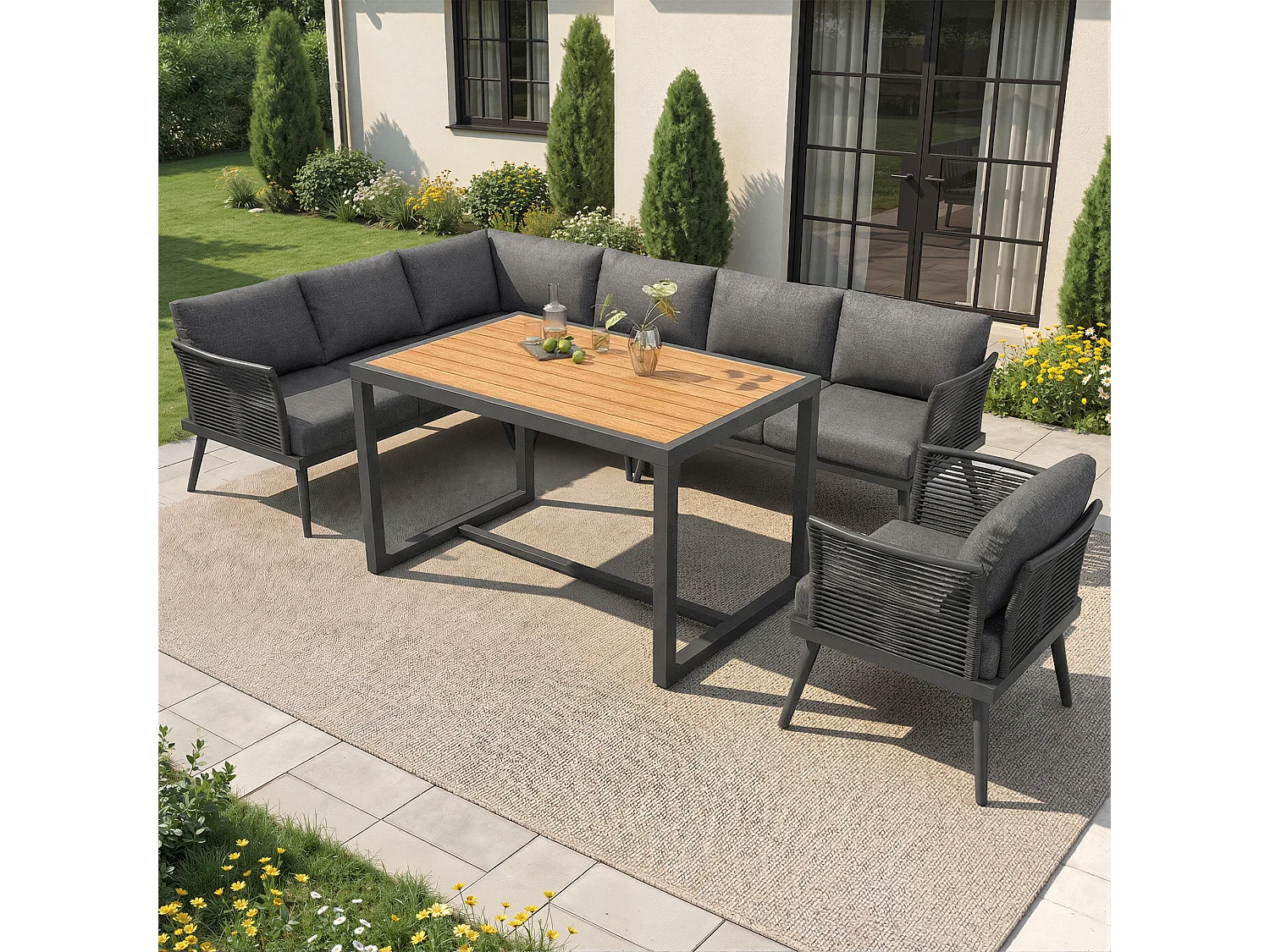 Ensemble salon de jardin 7 places - canapé avec accoudoirs tressés + table basse + fauteuil + coussins - métal - gris