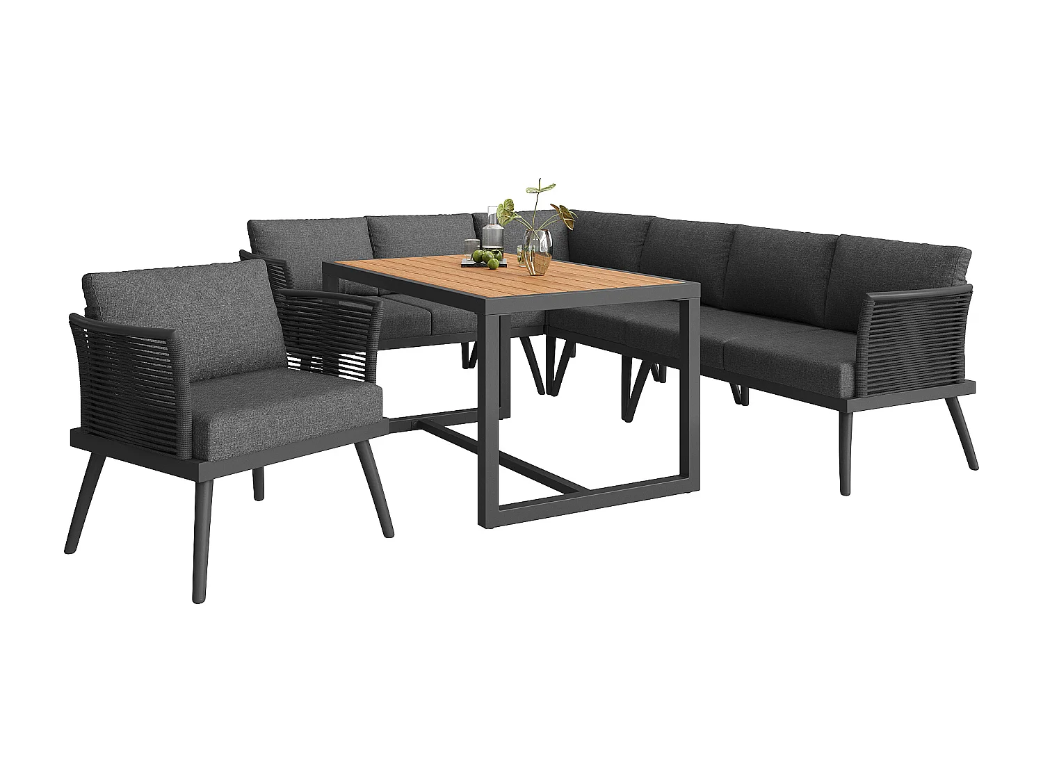 Ensemble salon de jardin 7 places - canapé avec accoudoirs tressés + table basse + fauteuil + coussins - métal - gris