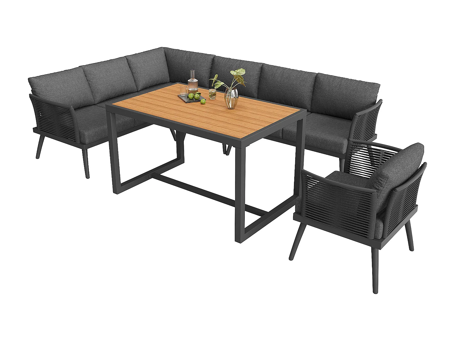 Ensemble salon de jardin 7 places - canapé avec accoudoirs tressés + table basse + fauteuil + coussins - métal - gris