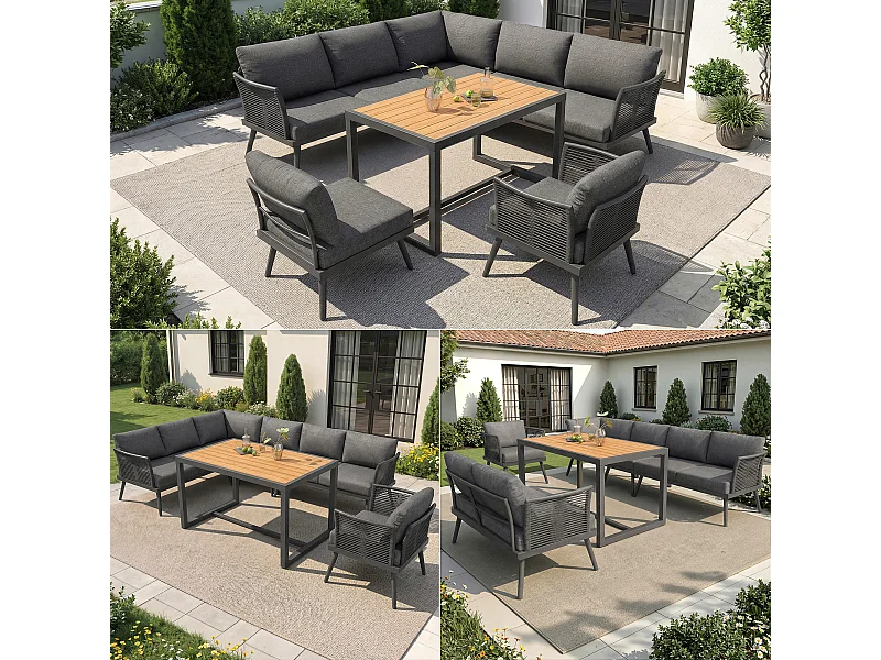 Ensemble salon de jardin 7 places - canapé avec accoudoirs tressés + table basse + fauteuil + coussins - métal - gris