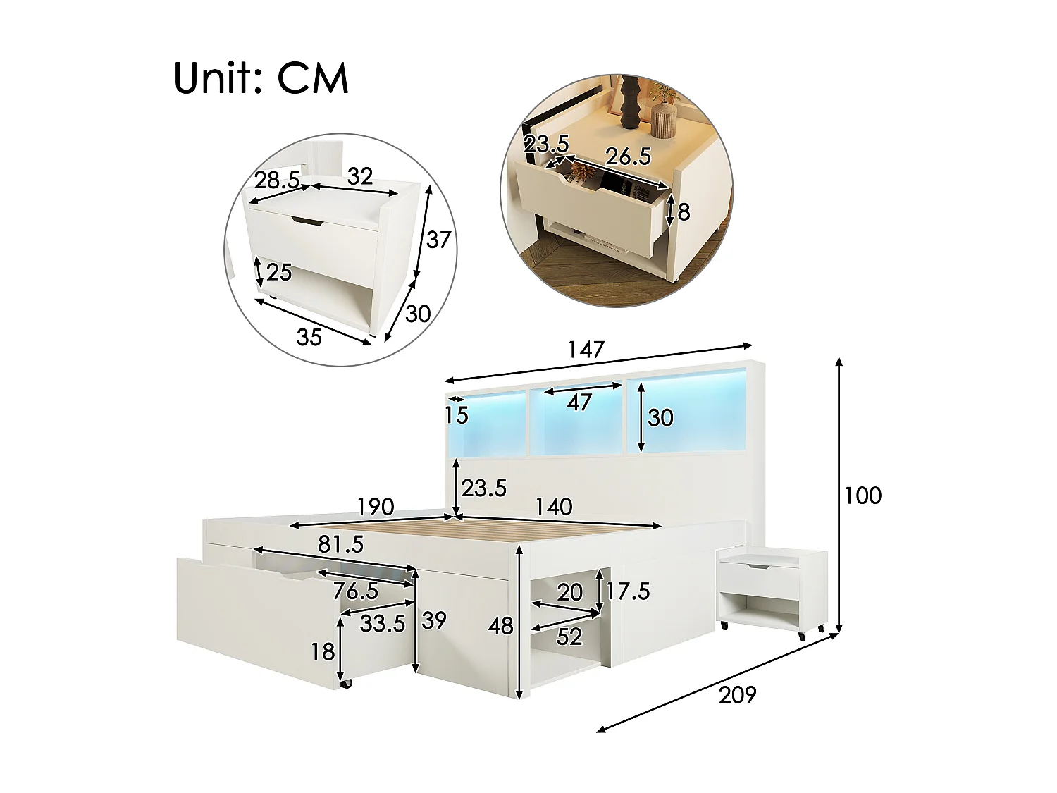 Lit coffre simple en bois - 140 x 190 cm - avec table de chevet amovible + Leds + USB + tiroirs + étagères - blanc