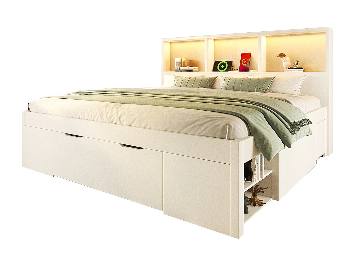 Lit coffre simple en bois - 140 x 190 cm - avec table de chevet amovible + Leds + USB + tiroirs + étagères - blanc