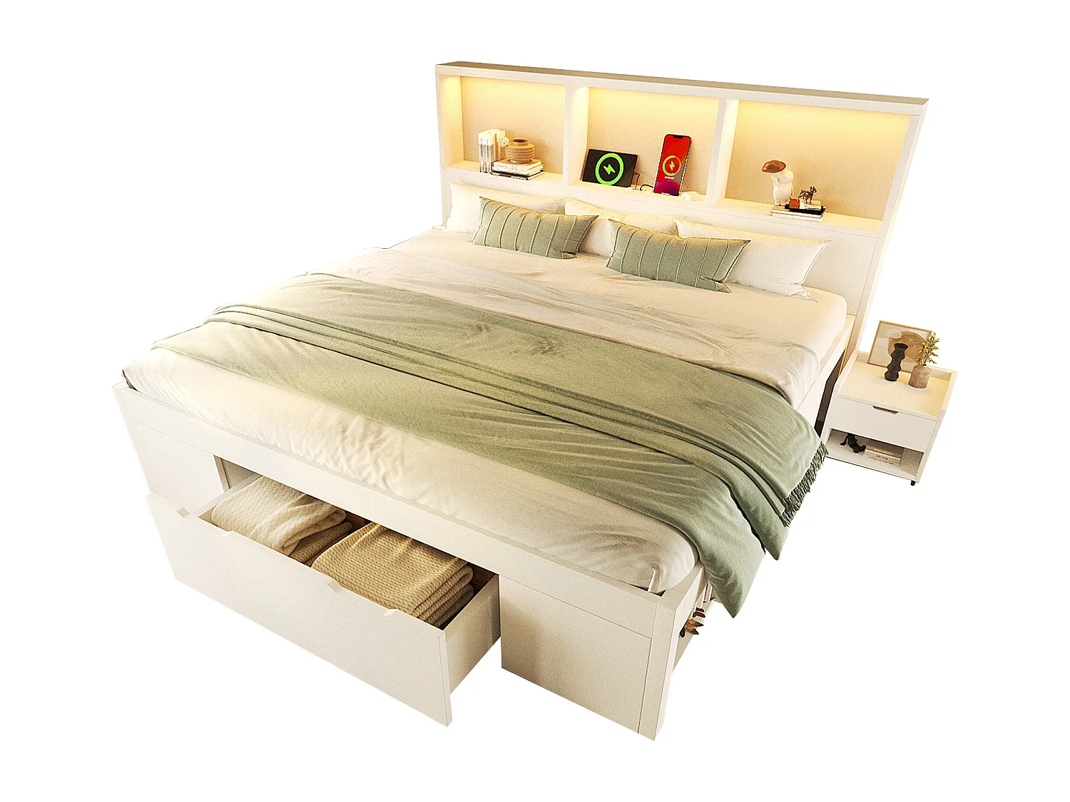 Lit coffre simple en bois - 140 x 190 cm - avec table de chevet amovible + Leds + USB + tiroirs + étagères - blanc