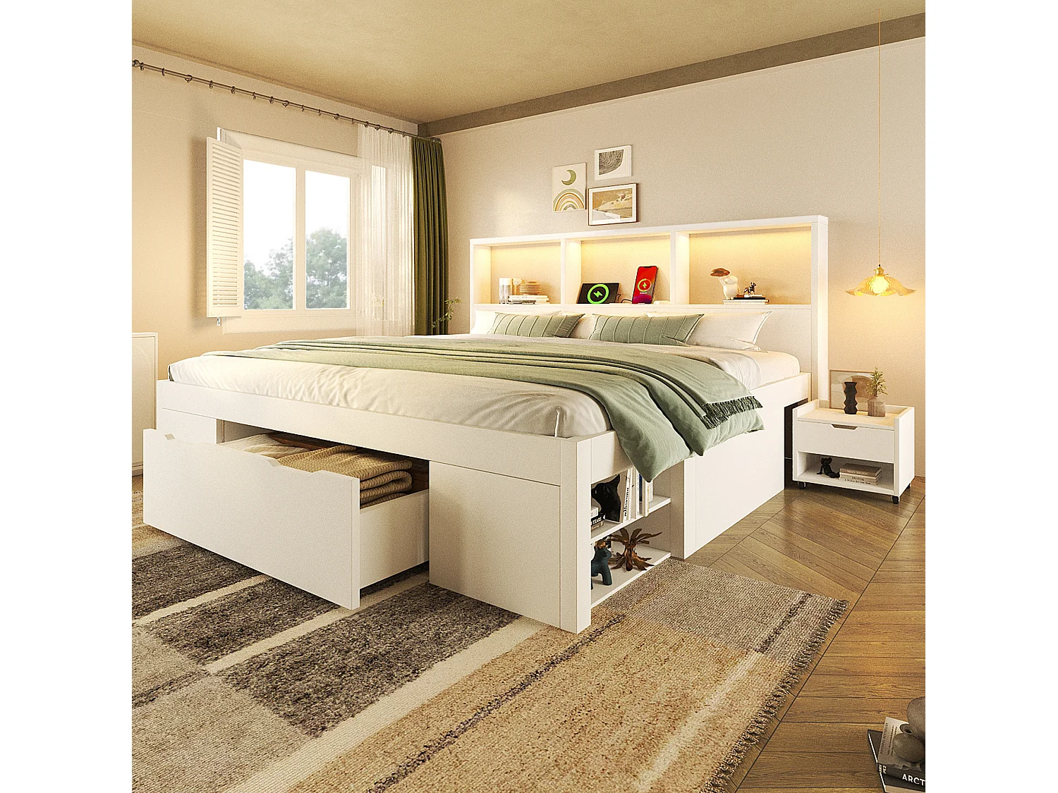 Lit coffre simple en bois - 140 x 190 cm - avec table de chevet amovible + Leds + USB + tiroirs + étagères - blanc