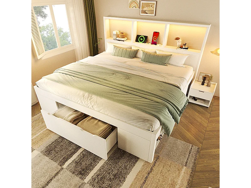 Lit coffre simple en bois - 140 x 190 cm - avec table de chevet amovible + Leds + USB + tiroirs + étagères - blanc