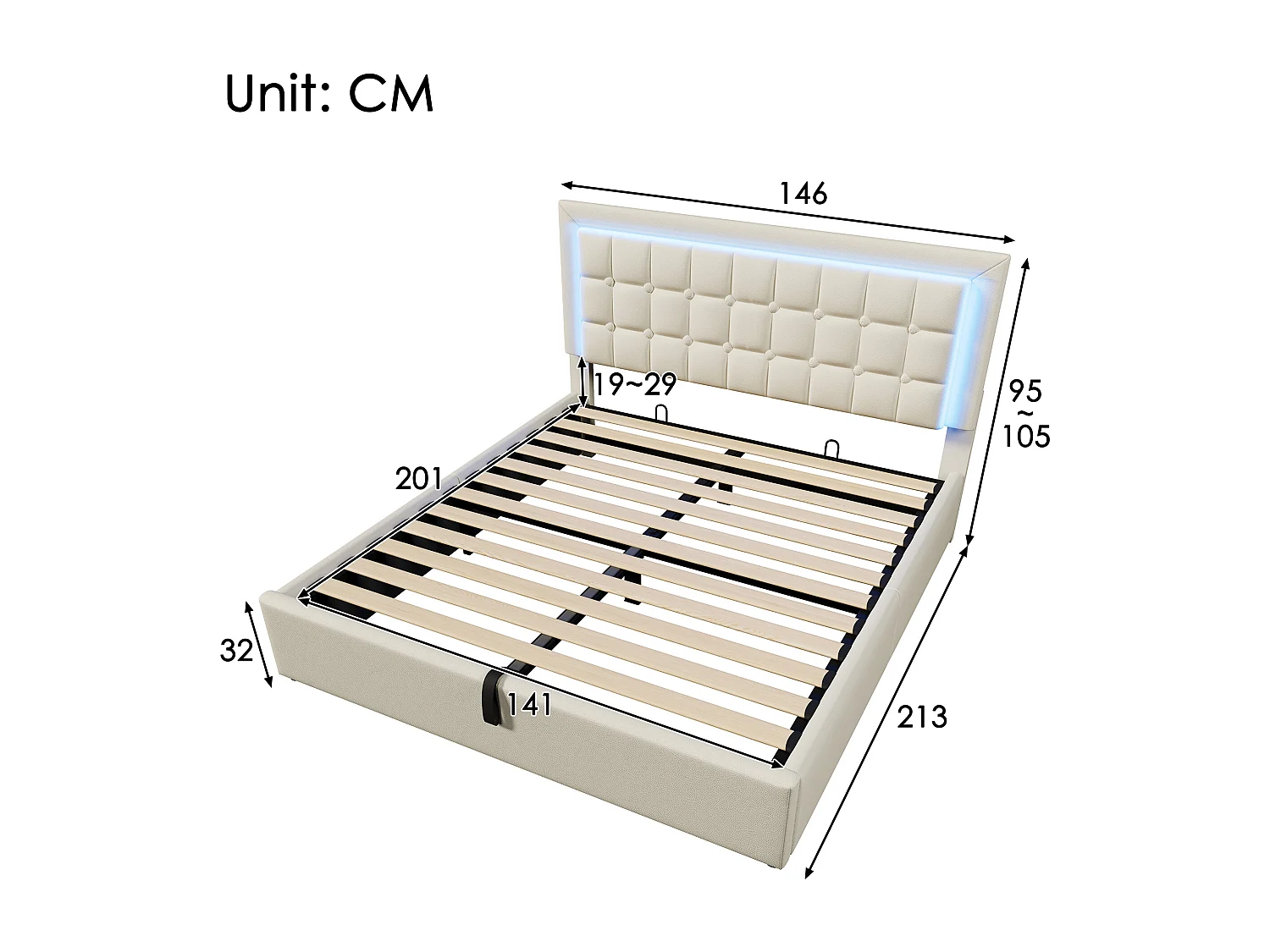 Gestoffeerd tweepersoonsbed met opbergruimte - 140 x 200 cm - met lattenbodem + LED-verlichting + hydraulische opbergruimte - PU - wit (matras inbegrepen)