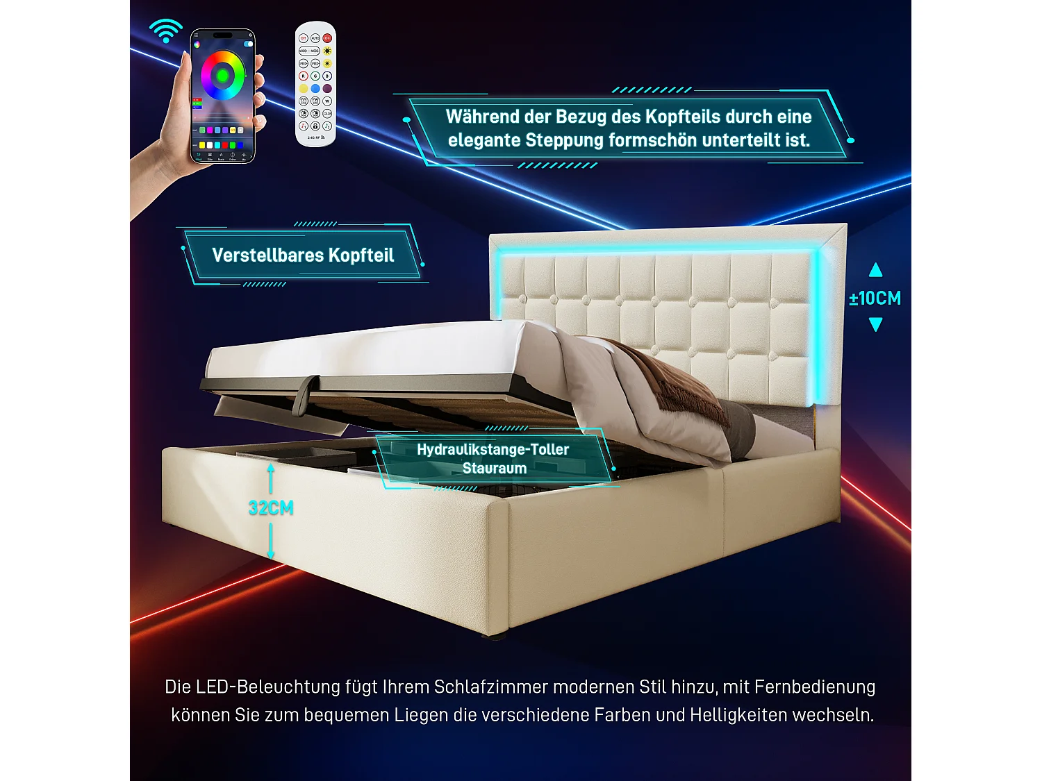 Gestoffeerd tweepersoonsbed met opbergruimte - 140 x 200 cm - met lattenbodem + LED-verlichting + hydraulische opbergruimte - PU - wit (matras inbegrepen)