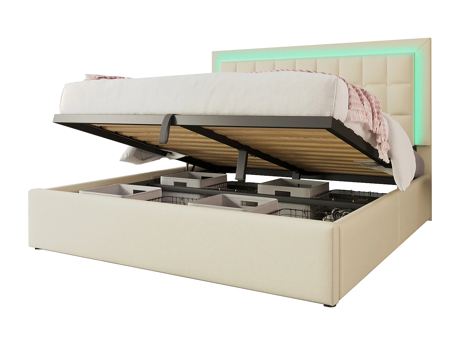 Gestoffeerd tweepersoonsbed met opbergruimte - 140 x 200 cm - met lattenbodem + LED-verlichting + hydraulische opbergruimte - PU - wit (matras inbegrepen)