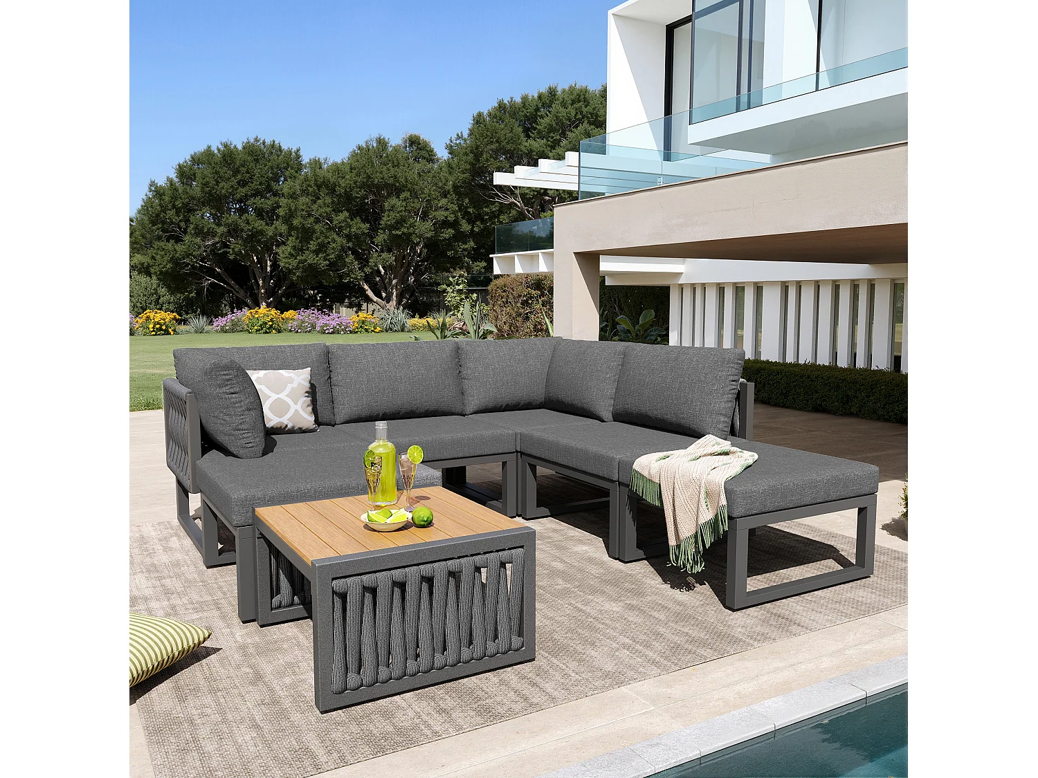 Ensemble de mobilier de jardin avec coussins d'assise et de dossier pour 6 personnes - bain de soleil double - métal - gris