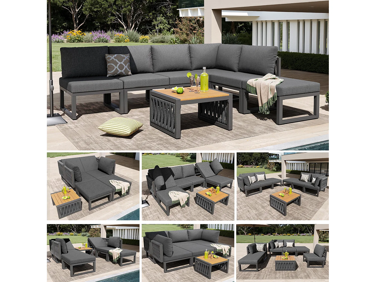 Ensemble de mobilier de jardin avec coussins d'assise et de dossier pour 6 personnes - bain de soleil double - métal - gris