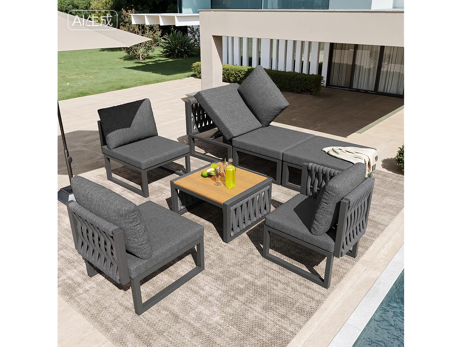 Ensemble de mobilier de jardin avec coussins d'assise et de dossier pour 6 personnes - bain de soleil double - métal - gris