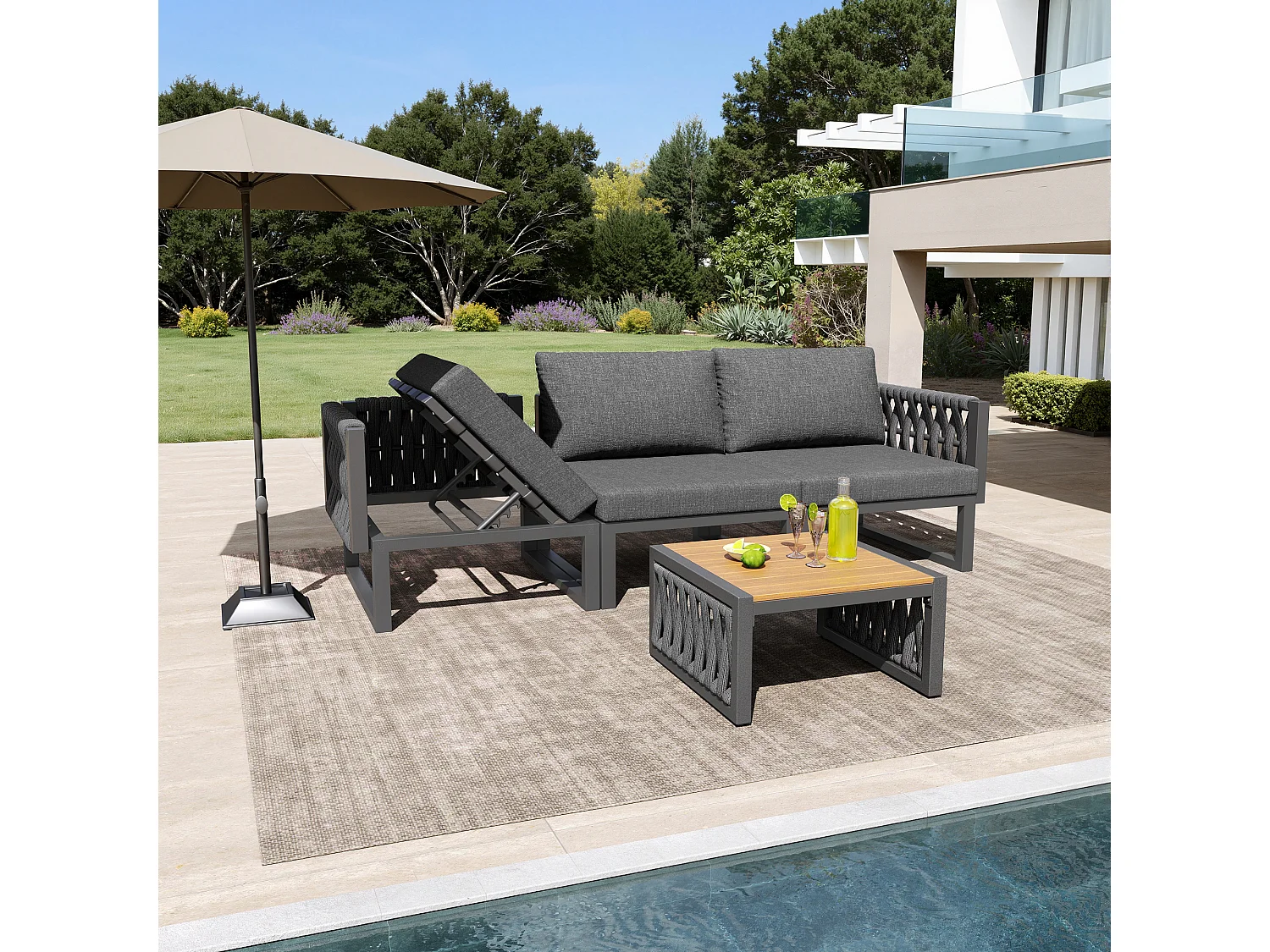 Ensemble de mobilier de jardin avec coussins d'assise et de dossier pour 6 personnes - bain de soleil double - métal - gris