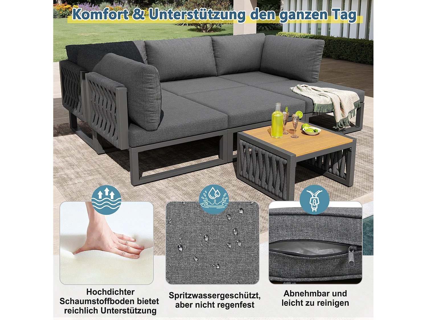 Ensemble de mobilier de jardin avec coussins d'assise et de dossier pour 6 personnes - bain de soleil double - métal - gris