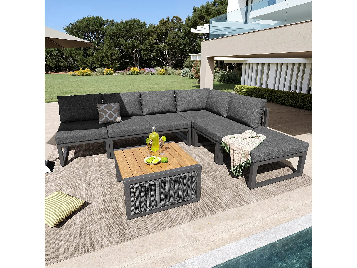Ensemble de mobilier de jardin avec coussins d'assise et de dossier pour 6 personnes - bain de soleil double - métal - gris