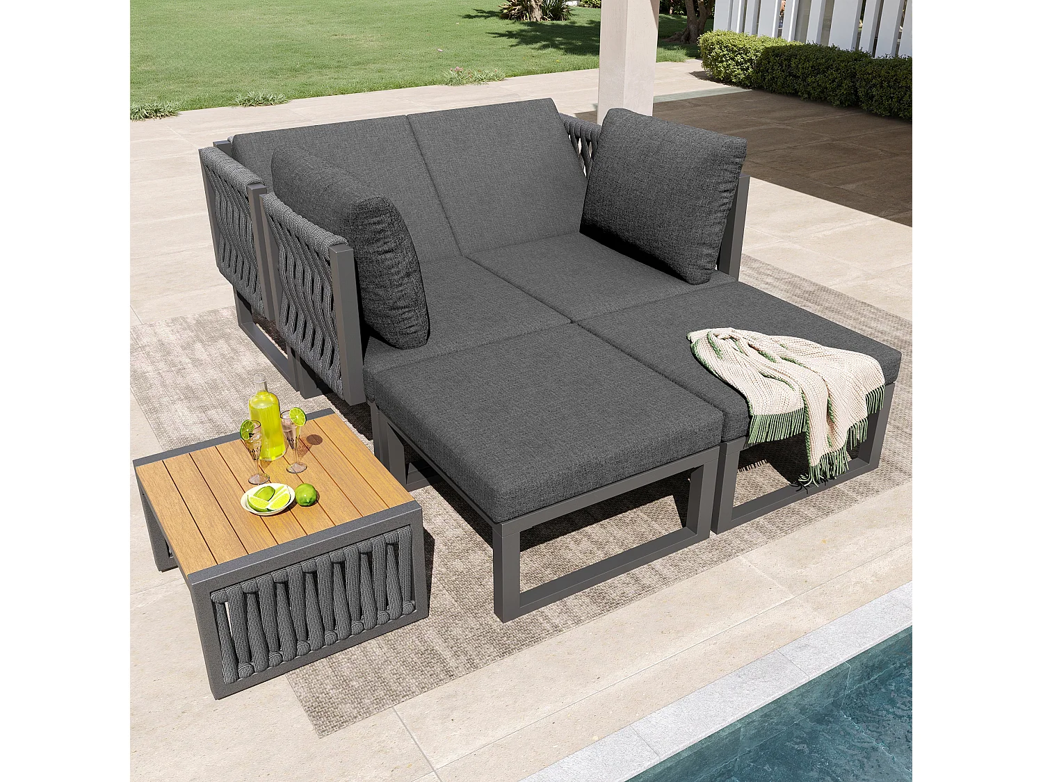 Ensemble de mobilier de jardin avec coussins d'assise et de dossier pour 6 personnes - bain de soleil double - métal - gris