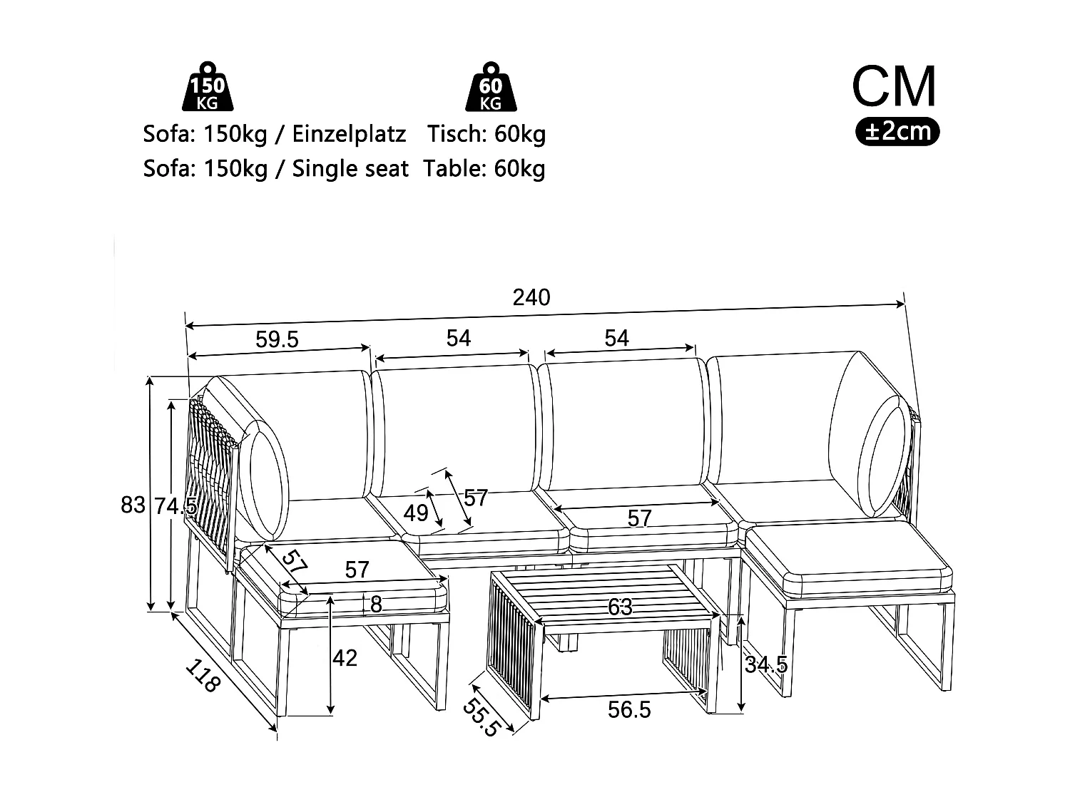 Ensemble de mobilier de jardin avec coussins d'assise et de dossier pour 6 personnes - bain de soleil double - métal - gris