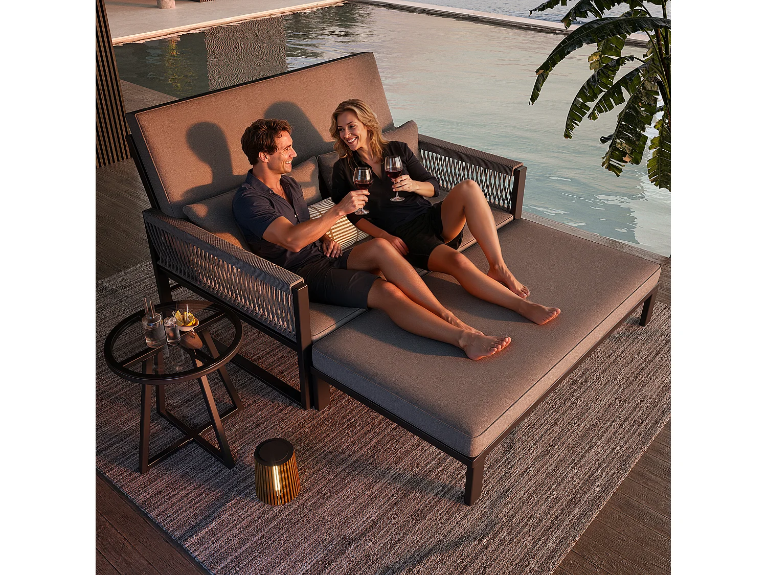 Leżak ogrodowy z plecionymi podłokietnikami - sofa ogrodowa - z 1 szklanym stolikiem kawowym + poduszki - metalowy - szary