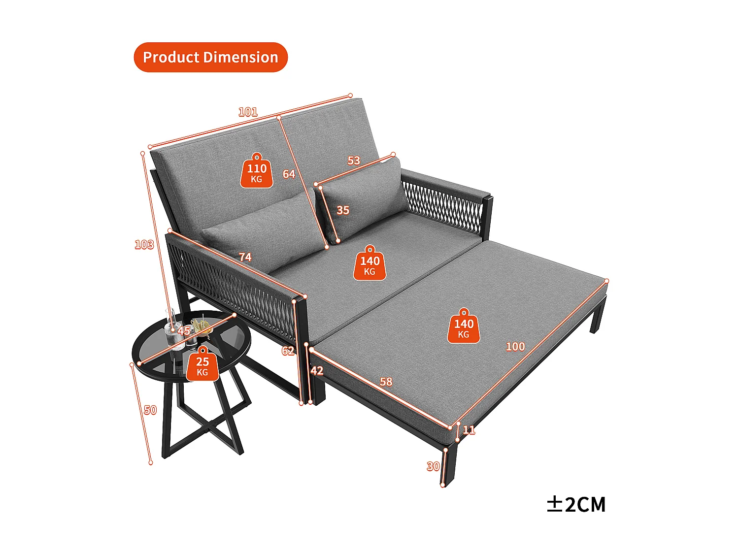 Leżak ogrodowy z plecionymi podłokietnikami - sofa ogrodowa - z 1 szklanym stolikiem kawowym + poduszki - metalowy - szary