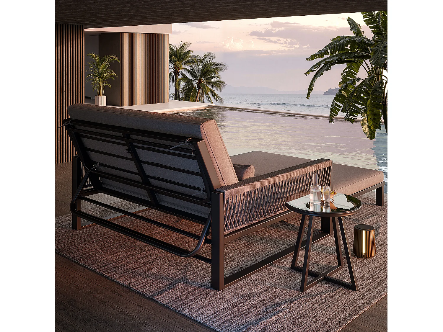 Leżak ogrodowy z plecionymi podłokietnikami - sofa ogrodowa - z 1 szklanym stolikiem kawowym + poduszki - metalowy - szary