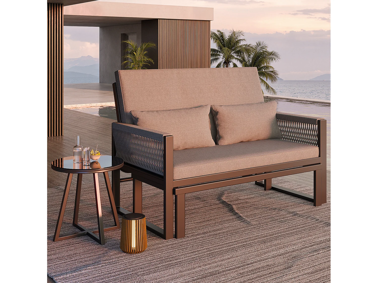 Leżak ogrodowy z plecionymi podłokietnikami - sofa ogrodowa - z 1 szklanym stolikiem kawowym + poduszki - metalowy - szary