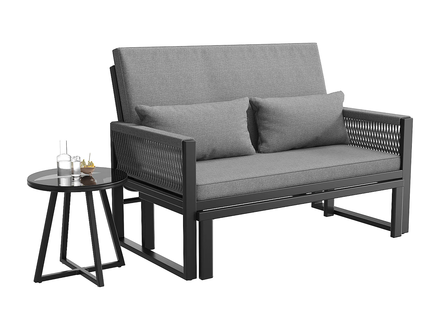 Leżak ogrodowy z plecionymi podłokietnikami - sofa ogrodowa - z 1 szklanym stolikiem kawowym + poduszki - metalowy - szary