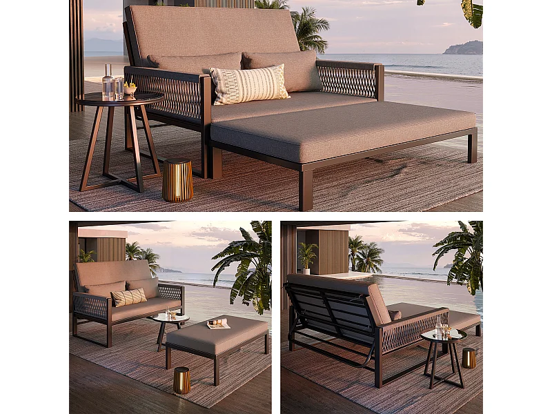 Leżak ogrodowy z plecionymi podłokietnikami - sofa ogrodowa - z 1 szklanym stolikiem kawowym + poduszki - metalowy - szary