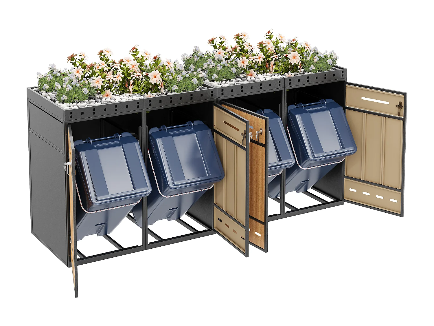 Local à poubelles avec toit végétalisé - 2 x 132 x 80 x 124 cm - capacité 120-240 litres - avec 4 portes - métal - gris + naturel