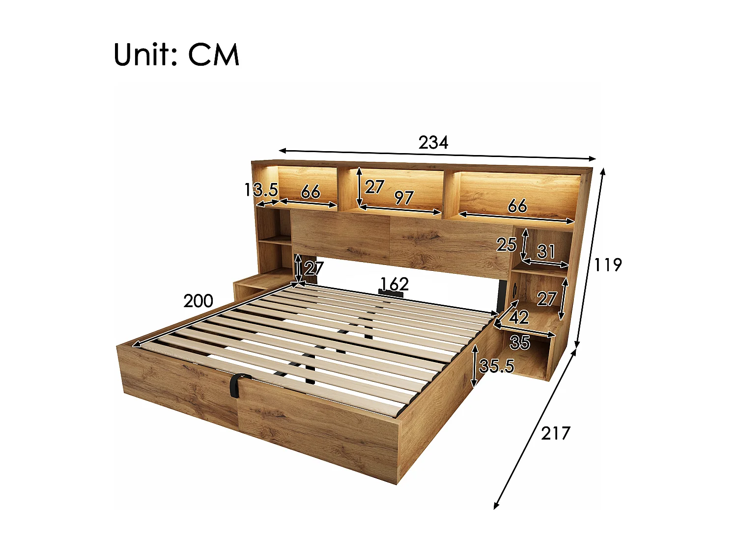 Lit coffre hydraulique - 160 x 200 cm - avec tables de chevet + Leds + tête de lit de rangement + Leds - bois - naturel(matelas inclus)