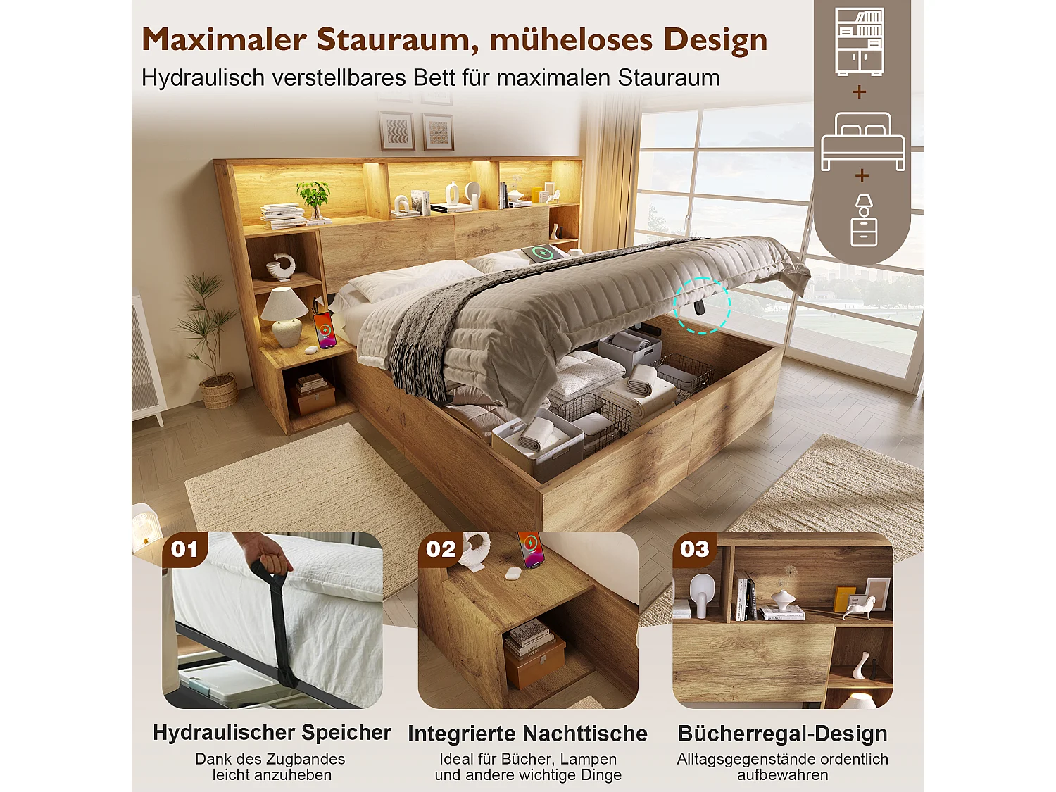 Lit coffre hydraulique - 160 x 200 cm - avec tables de chevet + Leds + tête de lit de rangement + Leds - bois - naturel(matelas inclus)