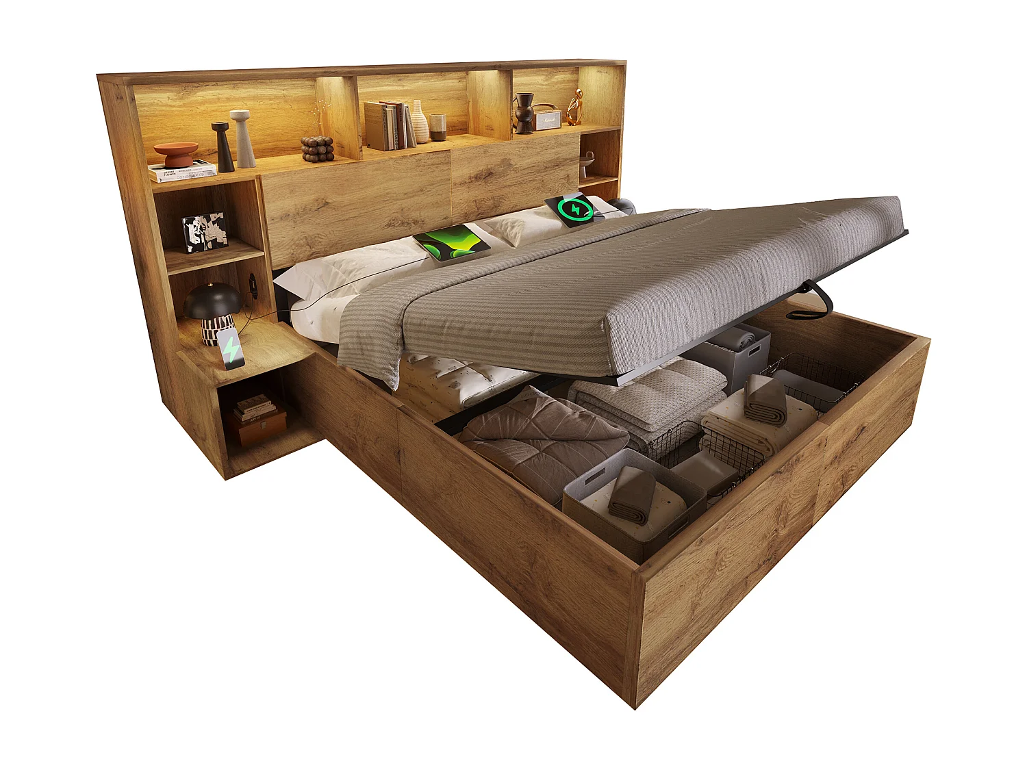 Lit coffre hydraulique - 160 x 200 cm - avec tables de chevet + Leds + tête de lit de rangement + Leds - bois - naturel(matelas inclus)
