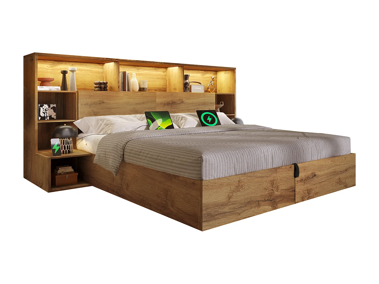 Lit coffre hydraulique - 160 x 200 cm - avec tables de chevet + Leds + tête de lit de rangement + Leds - bois - naturel(matelas inclus)