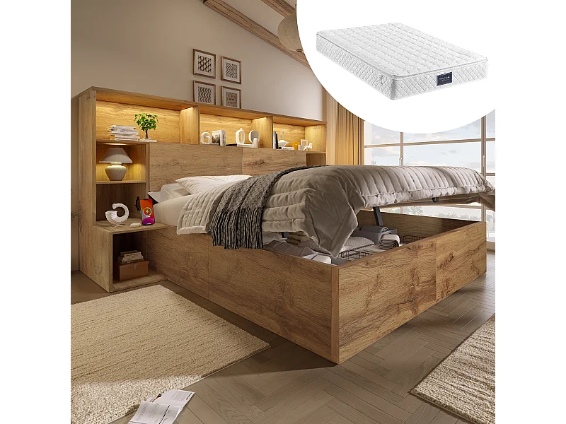 Łóżko hydrauliczne ze schowkiem - 160 x 200 cm - ze stolikami nocnymi + oświetlenie LED + zagłówek ze schowkiem - drewno - naturalne (materac w zestawie)