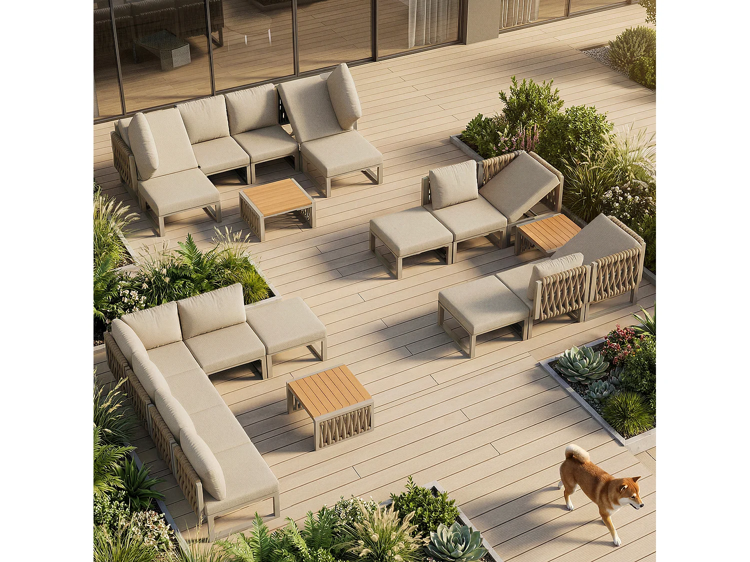 Tuinset met zit- en rugkussens voor 6 personen - tweepersoons ligstoel - metaal - beige