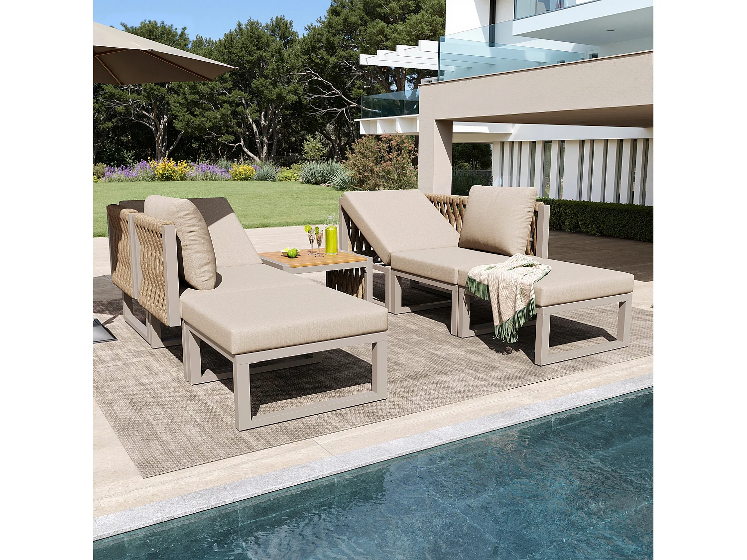 Tuinset met zit- en rugkussens voor 6 personen - tweepersoons ligstoel - metaal - beige