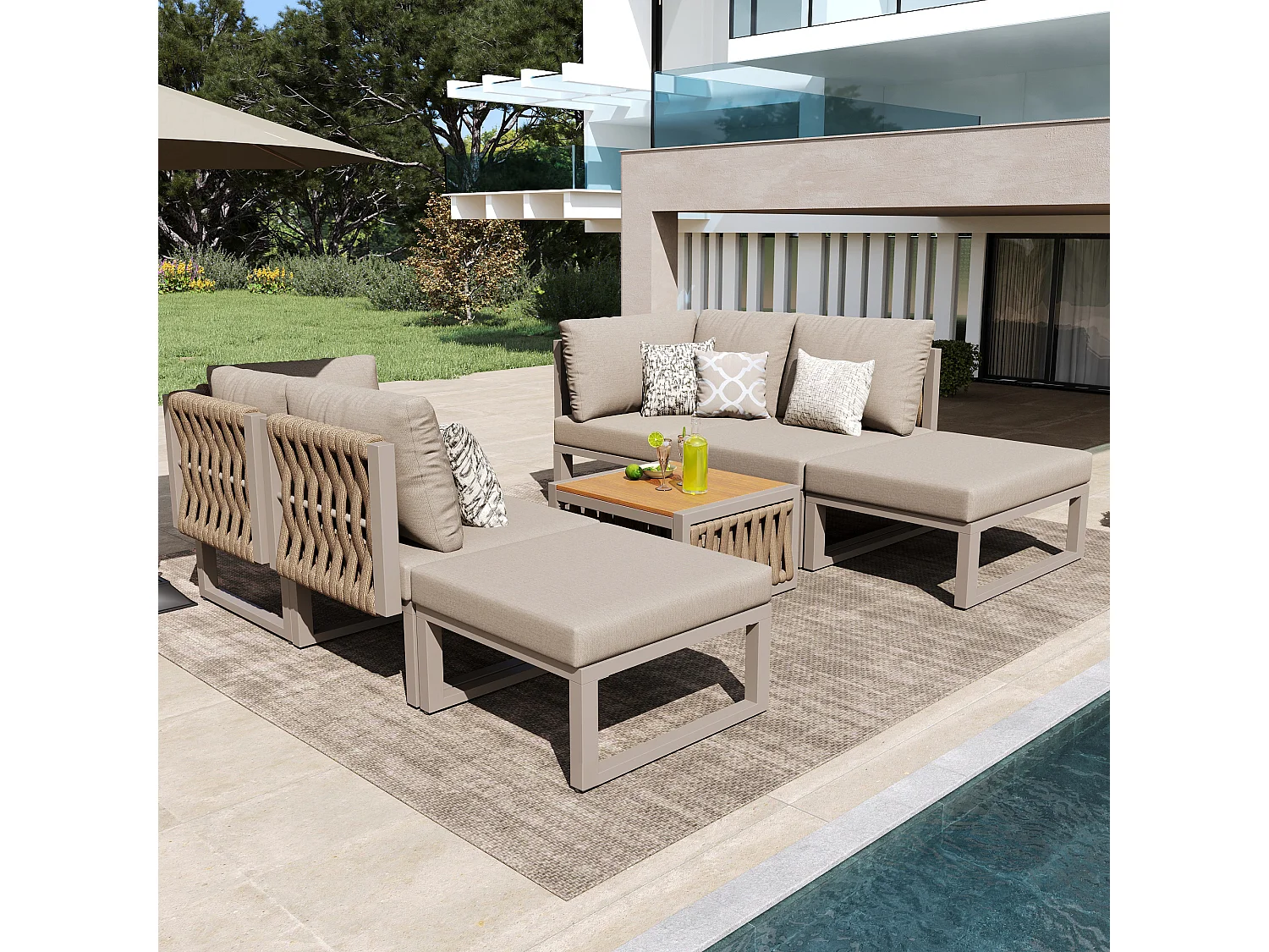 Tuinset met zit- en rugkussens voor 6 personen - tweepersoons ligstoel - metaal - beige