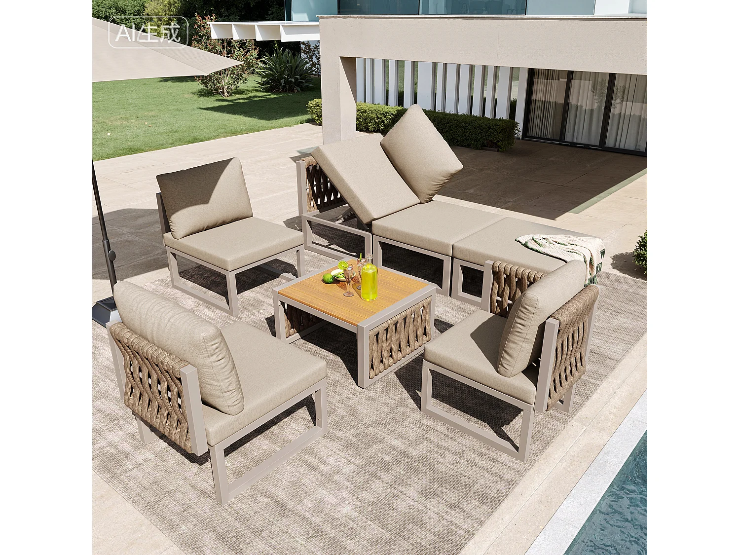 Tuinset met zit- en rugkussens voor 6 personen - tweepersoons ligstoel - metaal - beige