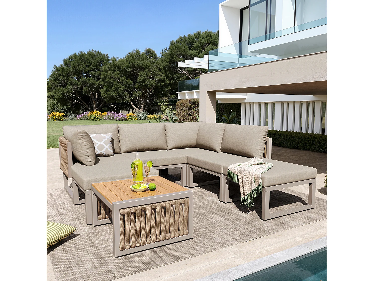 Tuinset met zit- en rugkussens voor 6 personen - tweepersoons ligstoel - metaal - beige