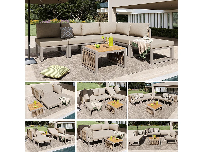 Ensemble de mobilier de jardin avec coussins d'assise et de dossier pour 6 personnes - bain de soleil double - métal - beige