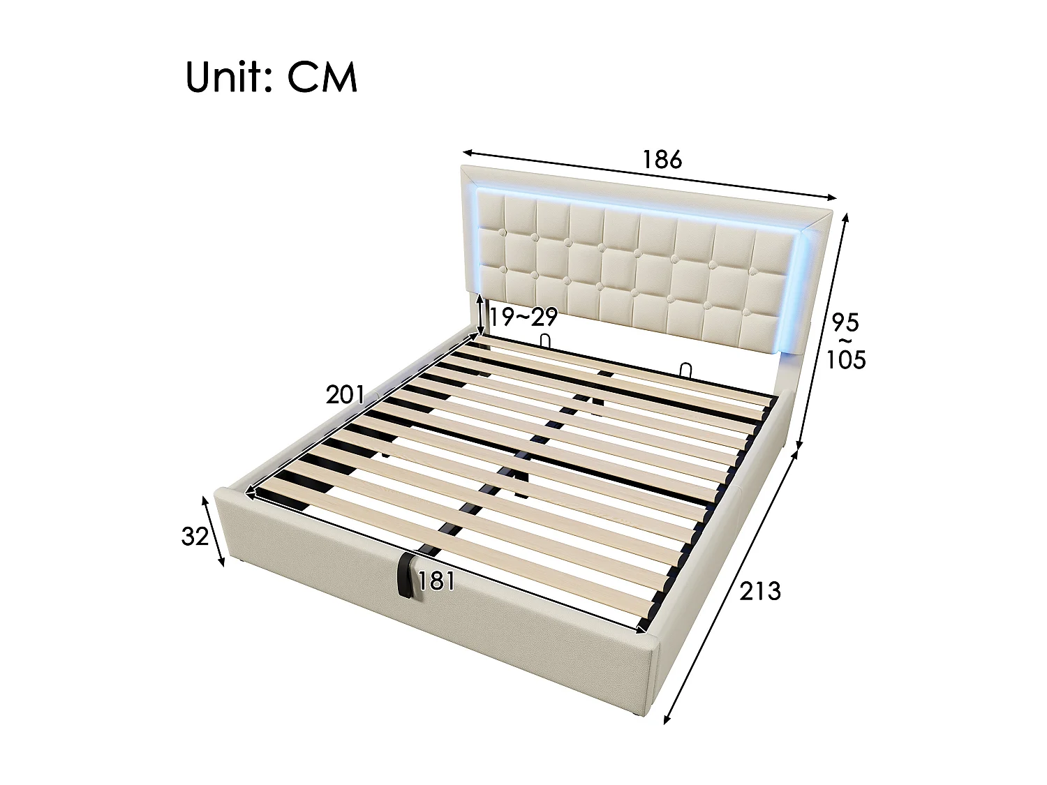 Cama doble con canapé tapizada - 180 x 200 cm - con somier de láminas + LED + almacenaje hidráulico - PU - blanco