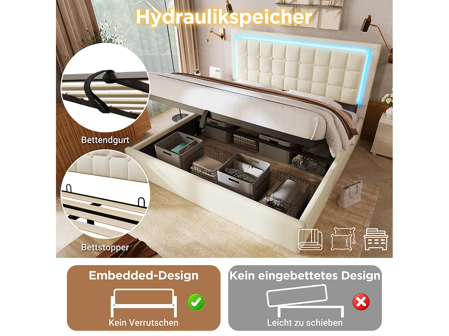 Cama doble con canapé tapizada - 180 x 200 cm - con somier de láminas + LED + almacenaje hidráulico - PU - blanco