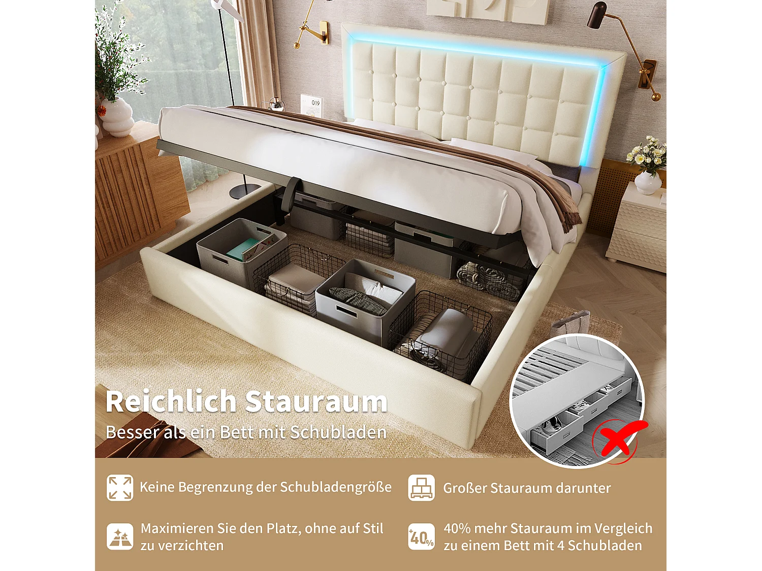 Cama doble con canapé tapizada - 180 x 200 cm - con somier de láminas + LED + almacenaje hidráulico - PU - blanco