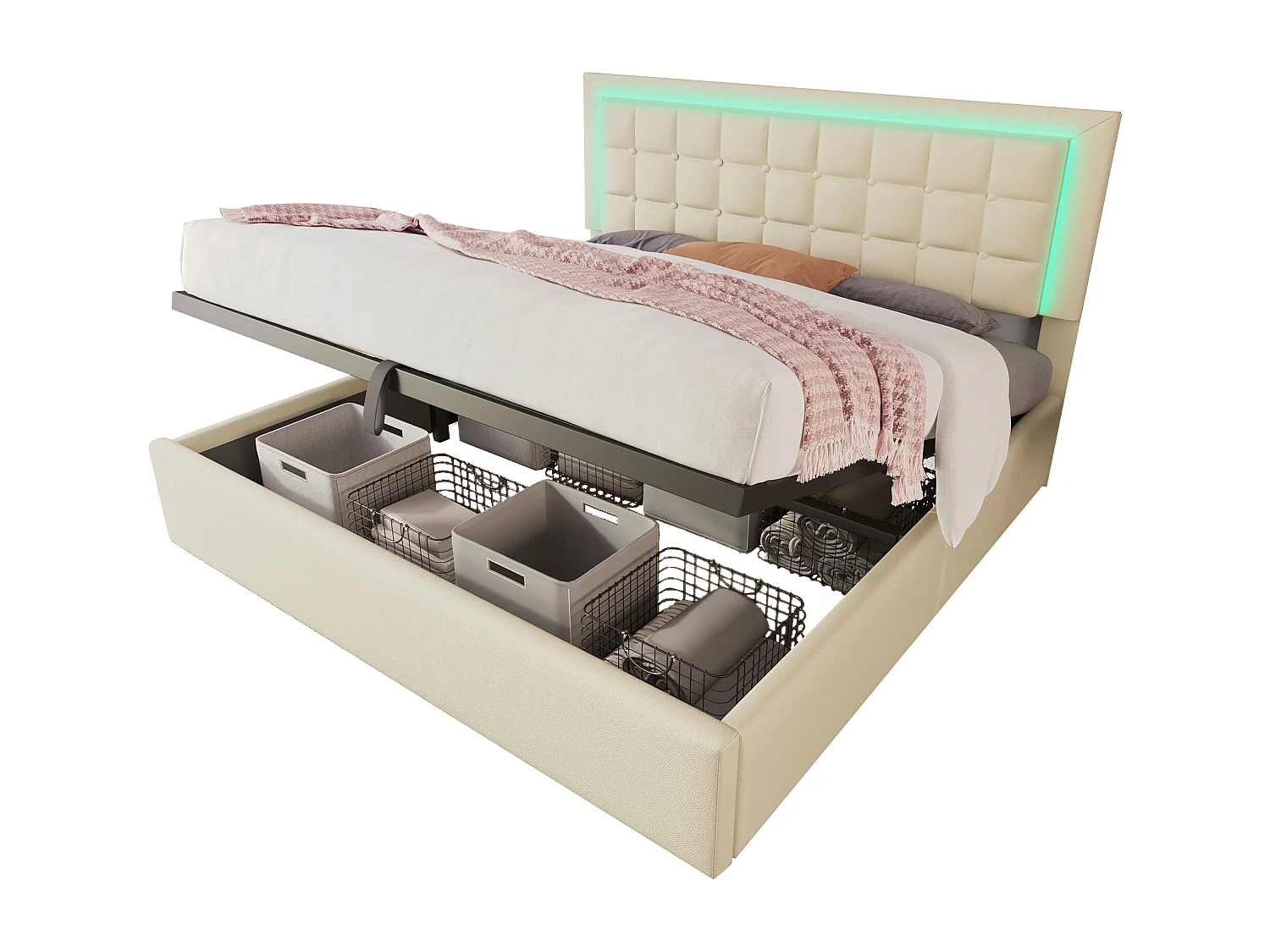 Cama doble con canapé tapizada - 180 x 200 cm - con somier de láminas + LED + almacenaje hidráulico - PU - blanco