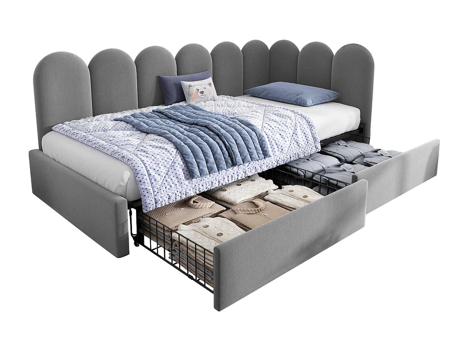 Gestoffeerd opbergbed voor kinderen - 90 x 190 cm - met 2 lades + lattenbodem - slaapbank - fluweel - grijs