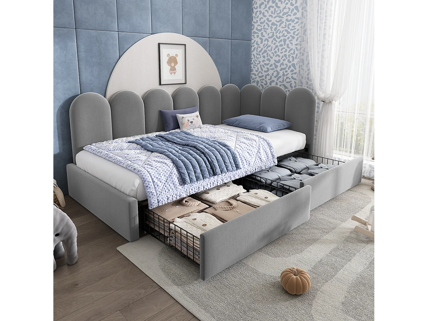 Gestoffeerd opbergbed voor kinderen - 90 x 190 cm - met 2 lades + lattenbodem - slaapbank - fluweel - grijs